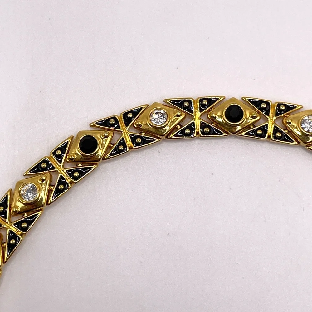 Joan Rivers Signed Vintage Gold Tone Crystal Enamel Link Bracelet 7 1/4